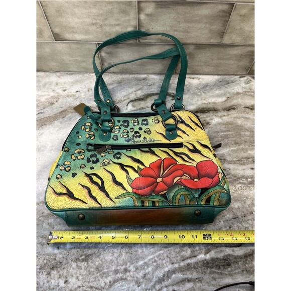 Anuschka Hand Painted Art Leather Tiger Leopard Hibiscus Satchel Purse W/Coin - Picture 3 of 16